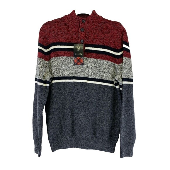 Chaps Button Pullover Sweater Gray Red Striped Cotton Knit Mens Small New Tags - Picture 1 of 12